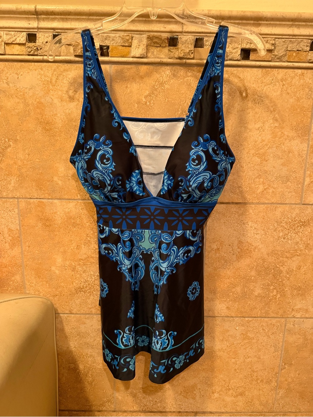 SHEIN Black swim top with Blue Baroque Print